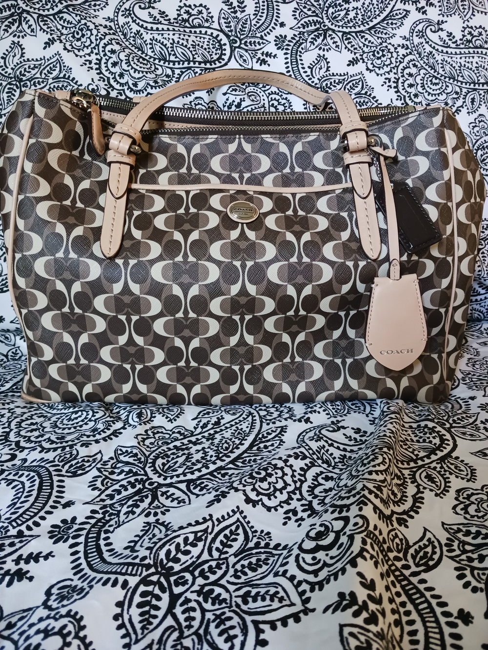 Coach Brown and Tan Signature Canvas Satchel with Light Leather Trim